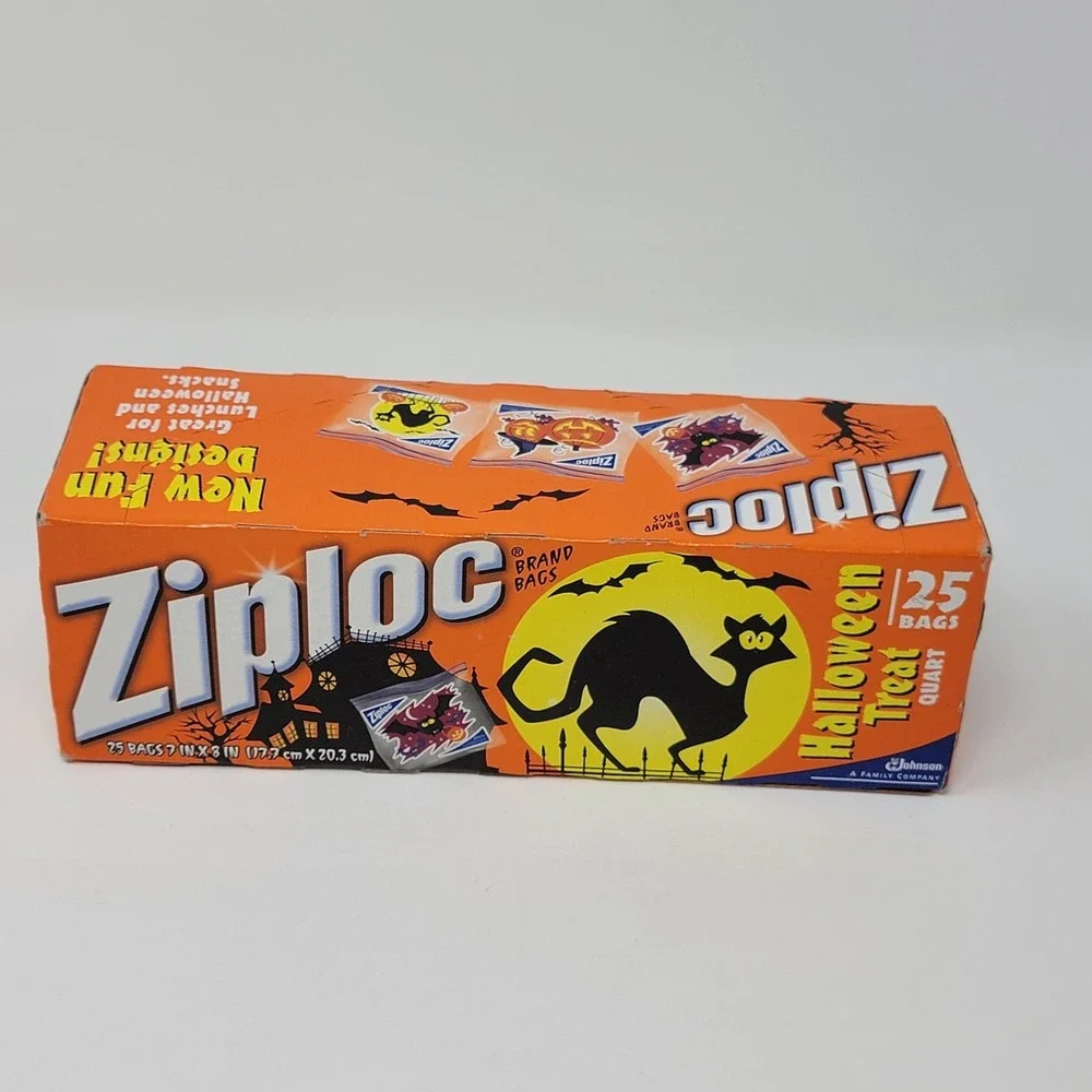 NOS 2009 Ziploc Halloween Print Quart Bags - 25 count - Bats Cats Jack-O-Lantern